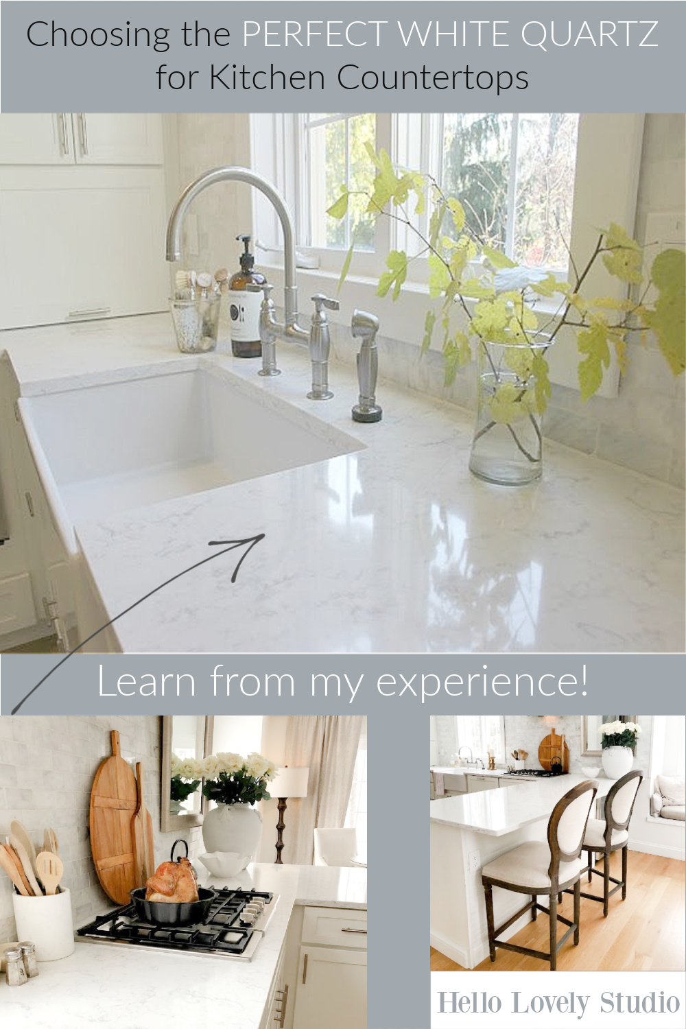 Choosing the perfect whit equartz for kitchen countertops - come find all the help you need on Hello Lovely Studio. #quartz #quartzcountertops #kitchendesign #whitequartz