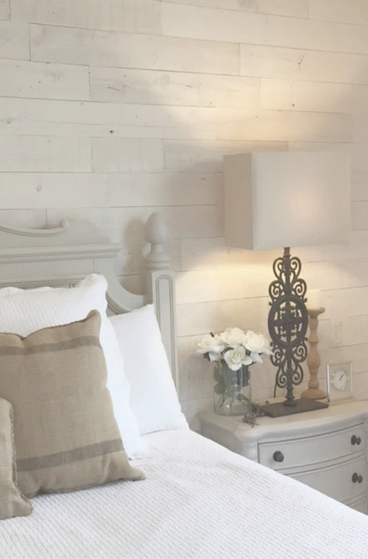 Stikwood Hamptons reclaimed pine peel and stick wood statement wall in our white French country romantic bedroom - Hello Lovely Studio. #frenchcountry #hellolovelystudio #bedroomdecor #stikwood #hamptons #shiplap #woodplank #statementwall