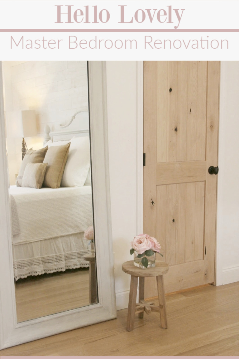 White French country cottage bedroom with Stikwood (hamptons) statement wall, white oak hardwood, and rustic alder doors. #hellolovelystudio #frenchcountry #bedroomdecor #rusticelegance #whiteoak #frenchbedrooms #alderdoor #stikwood #hamptons #romanticdecor #whitebedrooms #interiordesign