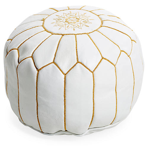 Moroccan Leather Pouf Ottoman White