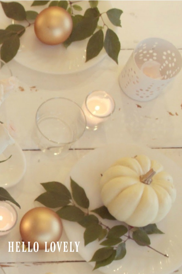 Quiet white, green, and gold on a Thanksgiving farm table