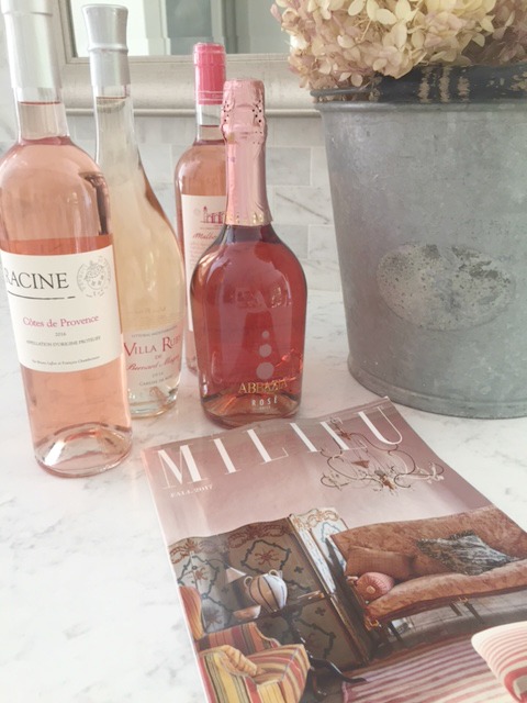 Pink is the word on my kitchen counter with an assortment of Rose wine, Milieu magazine, and an expanse of white from my Viatera MInuet quartz countertop - Hello Lovely Studio. #roseallday