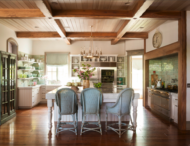 Stunning interior design and architecture in a French Nordic style kitchen with wood plank ceiling, aqua green accents, and warm #FrenchCountry style. Decor de Provence. #FrenchNordic #farmhousekitchen #Frenchfarmhouse #kitchendesign