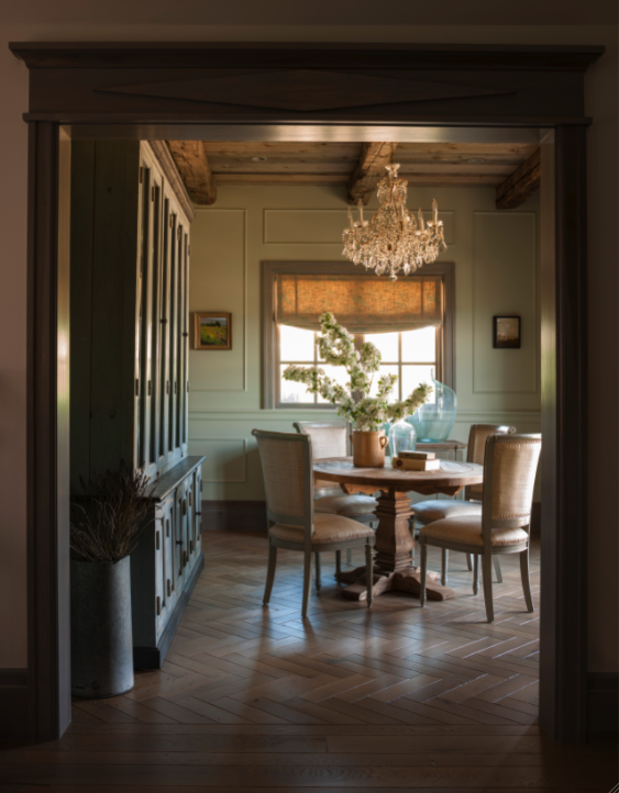 Herringbone floor in elegant French Country dining room on Hello Lovely