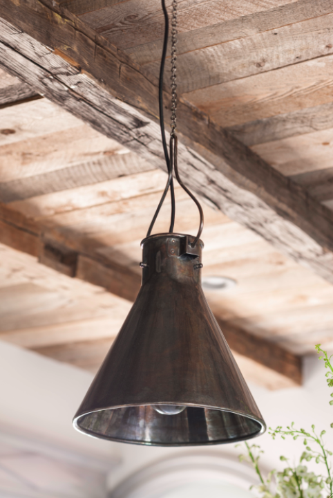 Rustic vintage pendant light and wood ceiling