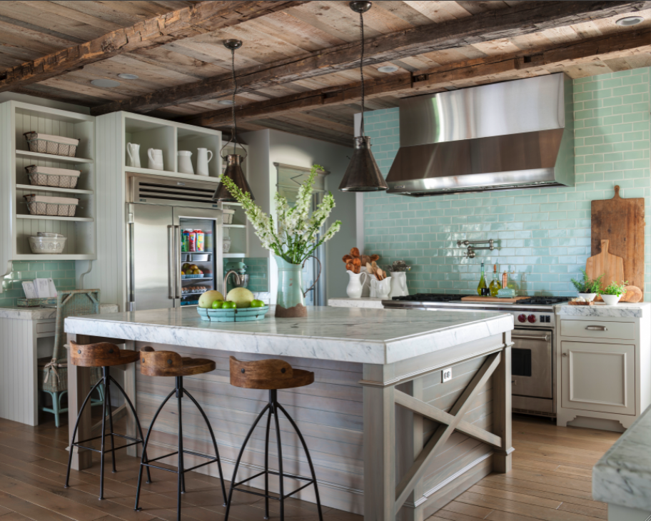 Rustic wood ceiling and aqua subway tile in French Country cottage kitchen on Hello Lovely