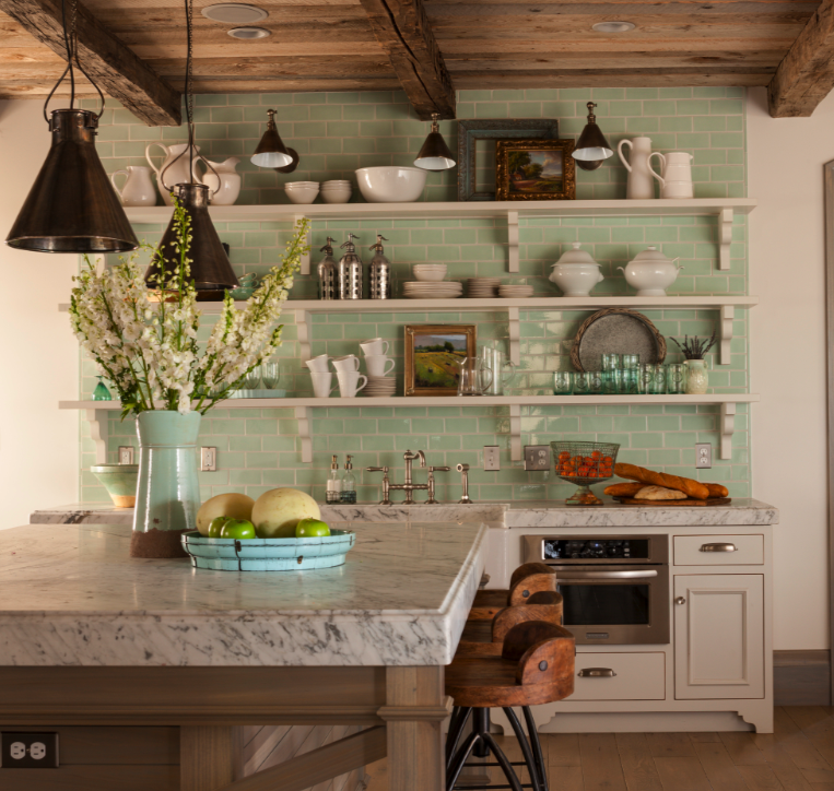 Cheerful green wubway tile backsplash, accent wall, open shelving, and rustic wood ceiling in a beautiful Old World French Country cottage kitchen by Desiree of Decor de Provence. #openshelving #cottagekitchen #cottagestyle #frenchcountry