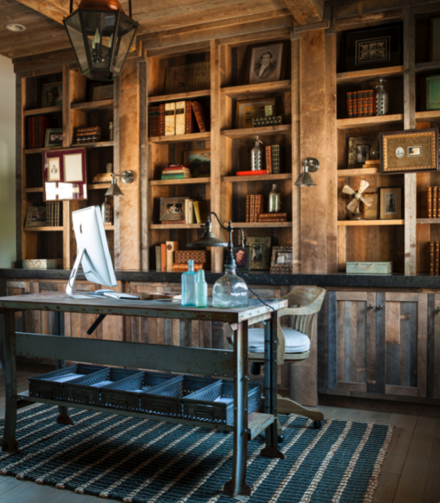 Rustic wood builtins in office of French Country cottage on Hello Lovely