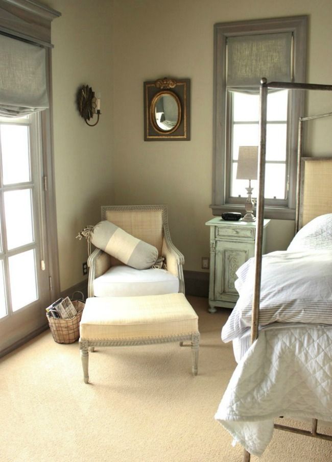 Antique armchair in French Country bedroom on Hello Lovely Studio