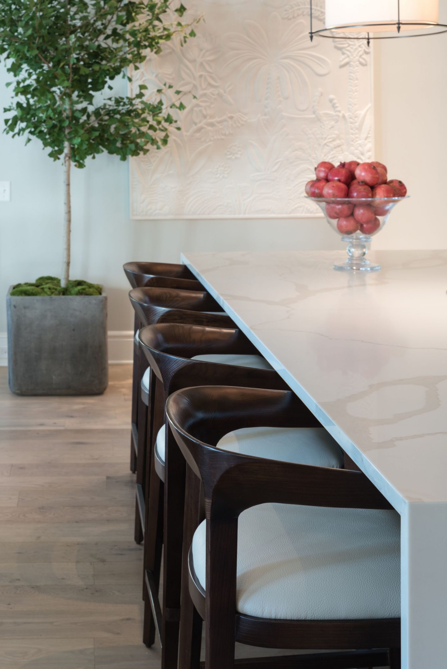 Moody modern farmhouse kitchen island with waterfall by Randi Stovesand for O'More Show House