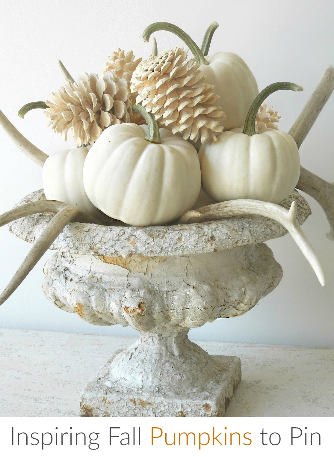 Tone on Tone white pumpkins and bleached pinecones in aged urn