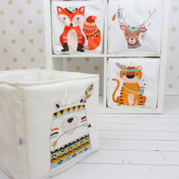 Whimsical and adorable Indian animal soft storage boxes for a nusery with Ikea Kallax storage - EnitkaLovelyBabyRoom on Etsy. #kallax #ikeahacks #kidsroom #nursery #storage #homedecor