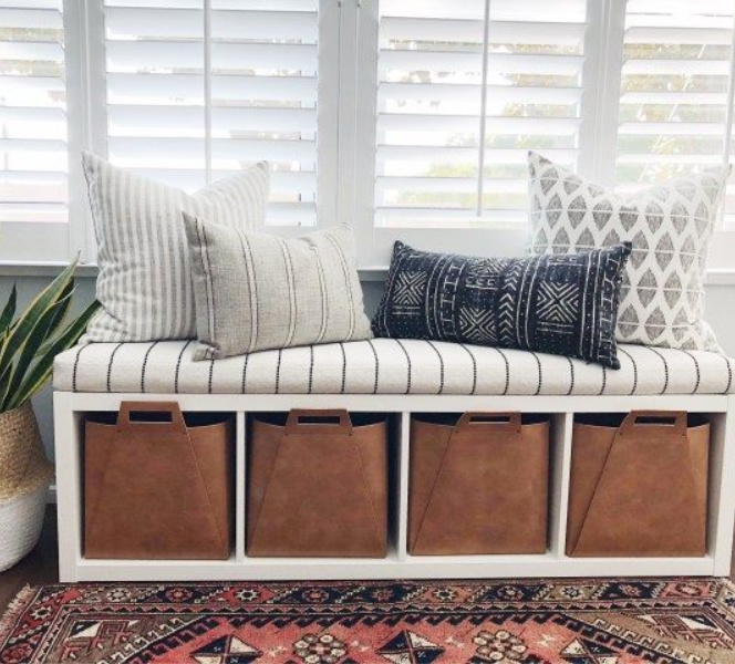 Windowseat bench or banquette made with an Ikea Kallax shelf - The Hearth and Haven. #ikeahack #kallax #kallaxhack #windowseat #banquette #ikeahacks #bench #diy