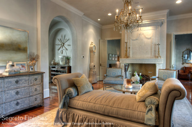 Beautiful plaster wall finish by Segreto in a romantic Old World French Country room