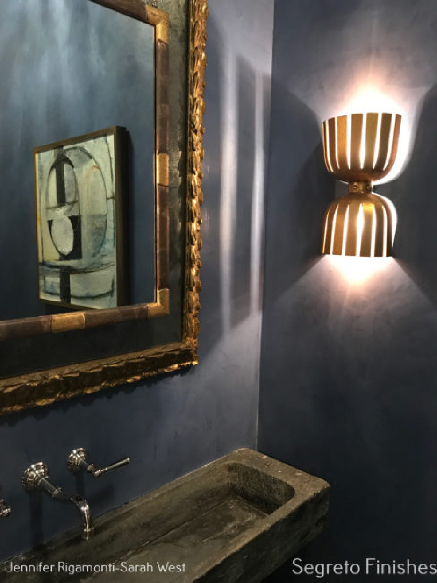 Dramatic Old World bathroom with Segreto Finishes (beautiful wall colors and plaster) in a lovely designed room in Leslie Sinclair's book. #plasterwalls #segretofinishes #frenchcountry