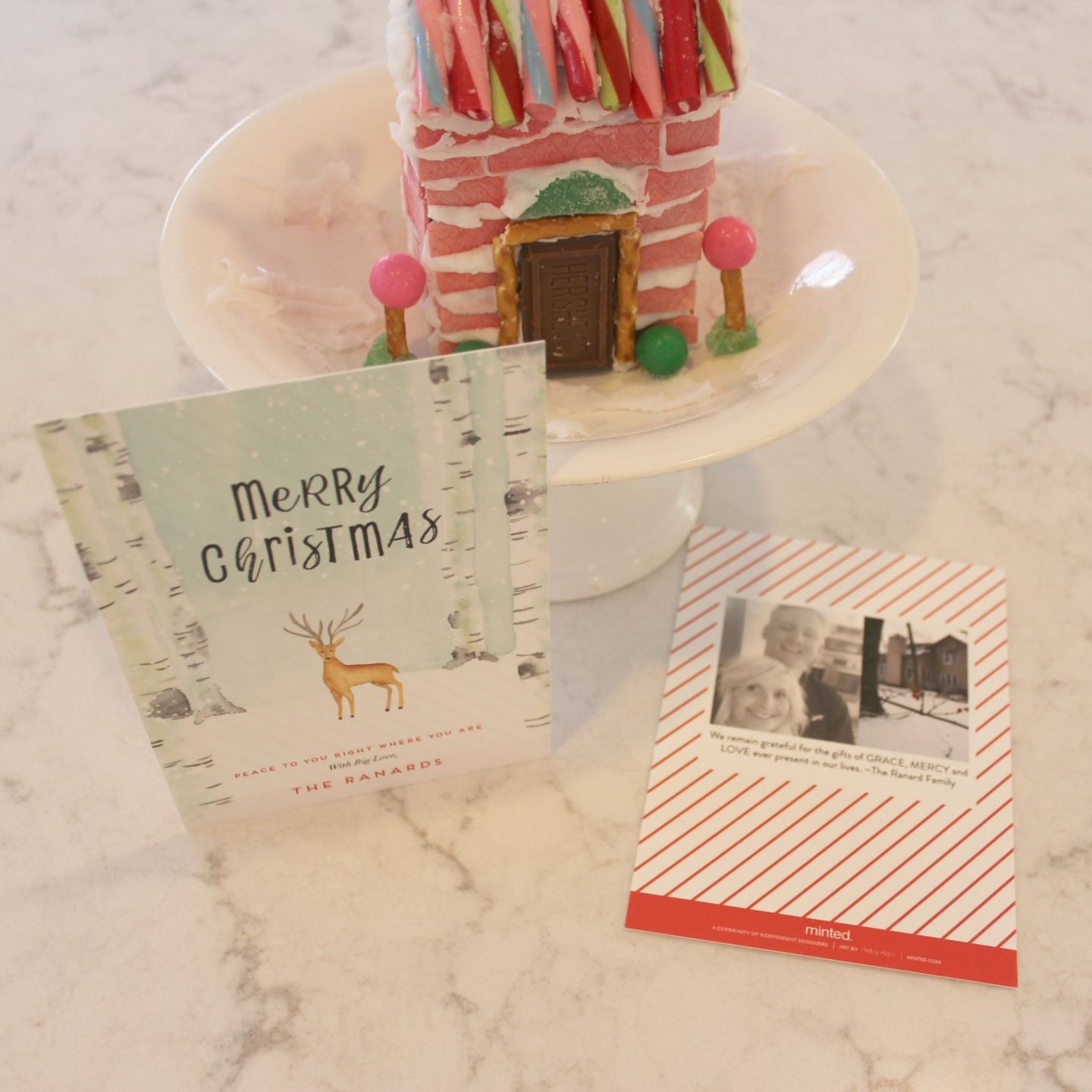 Peaceful Forrest holiday card from Minted with my pink gingerbread house - Hello Lovely Studio