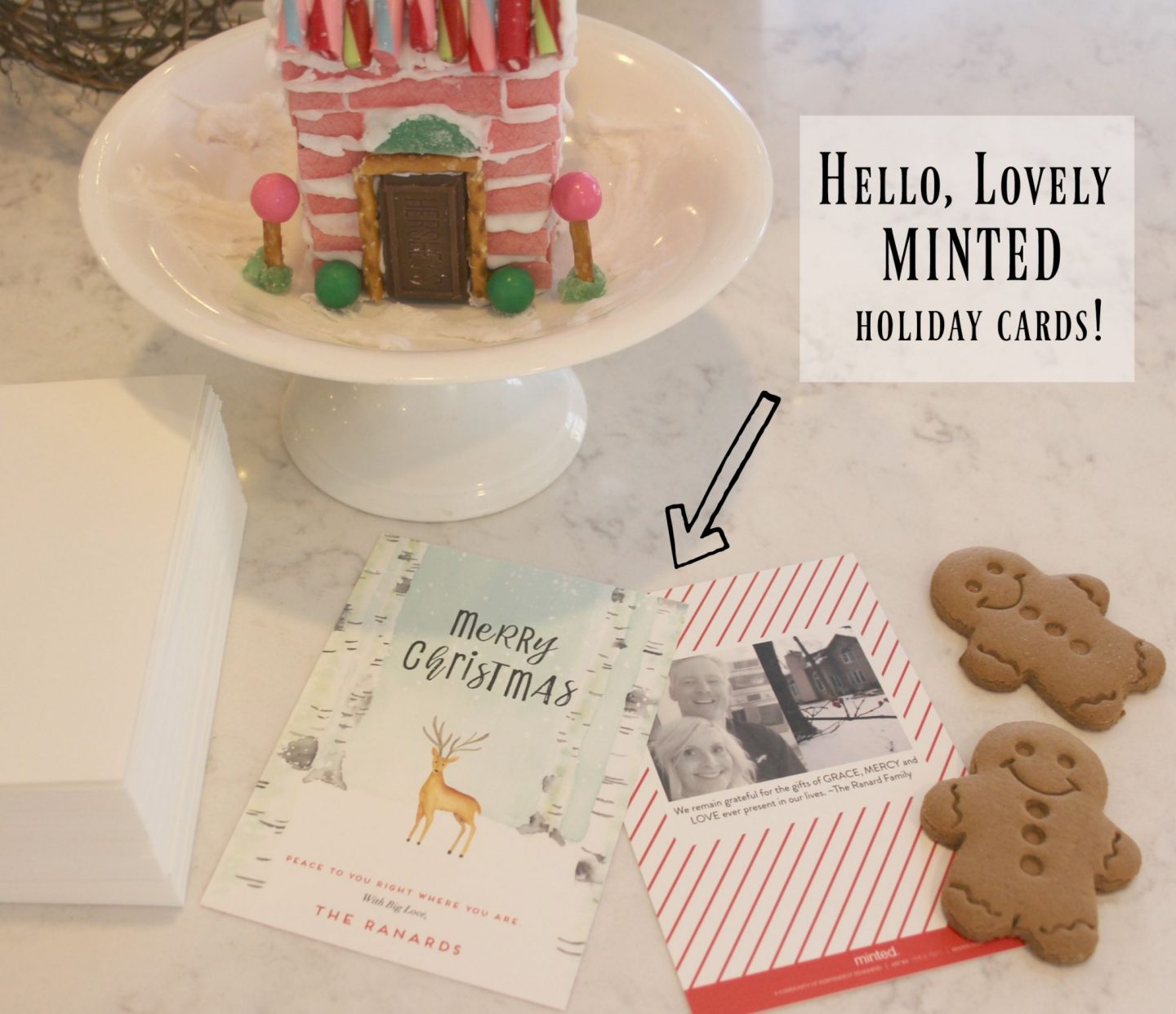 Peaceful Forrest holiday card from Minted and my pink gingerbread candy house - Hello Lovely Studio