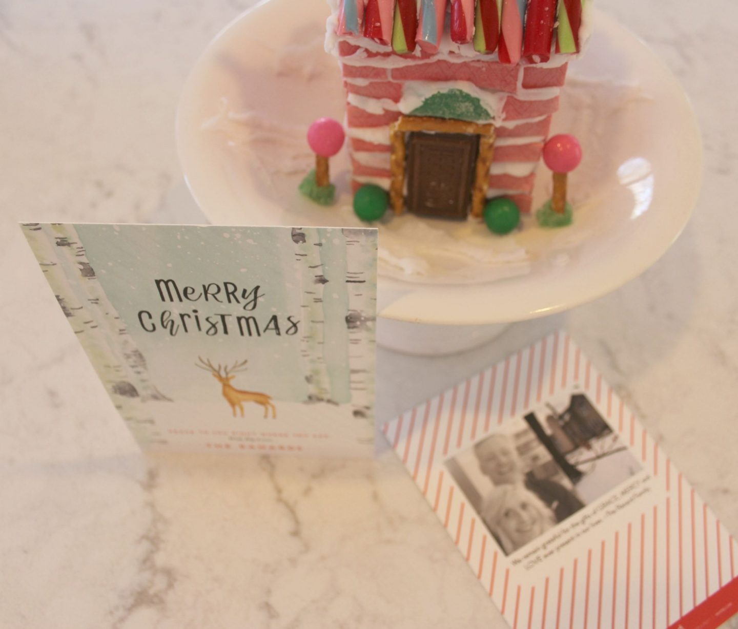 Peaceful Forrest holiday card from Minted and my pink gingerbread gum house - Hello Lovely Studio