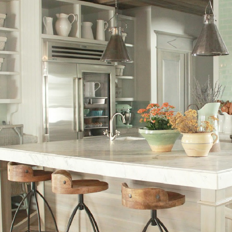 Luxurious and refined yet rustic kitchen in Country French Old World style in a newly built custom cottage home in Utah - Score decorating ideas with blue & green from Decor de Provence. #countryfrench #interiordesign #oldworldstyle #europeancountry