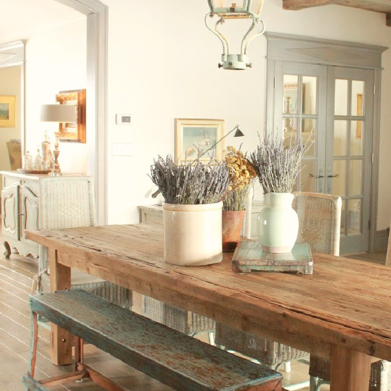 Blue greys and greens in a Country French Old World style in a newly built custom cottage home in Utah - Score decorating ideas with blue & green from Decor de Provence.  #countryfrench #interiordesign #oldworldstyle #europeancountry