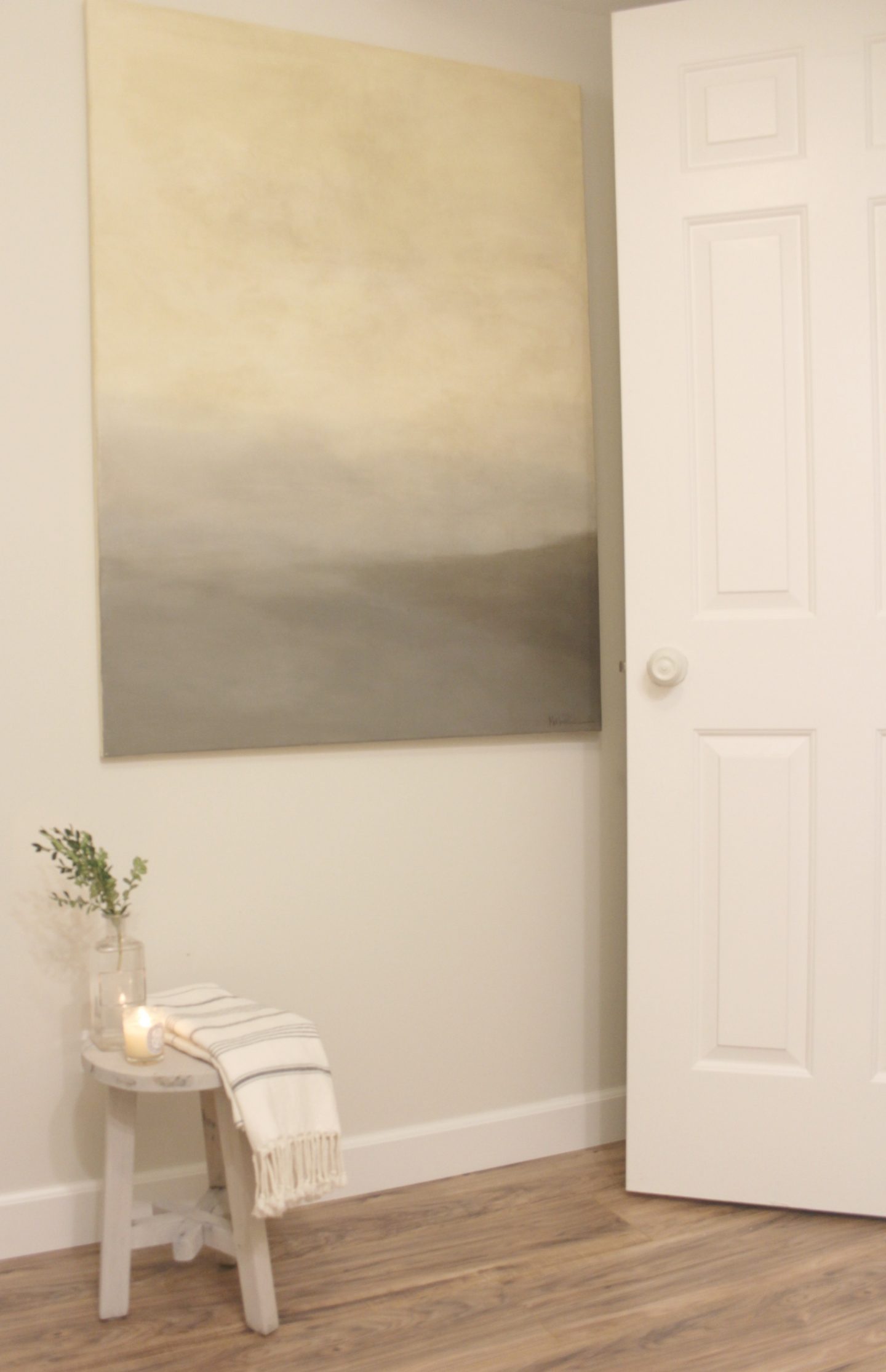 Classic white bathroom with console sink, Venetian mirror, Thibaut wallpaper (Lizette), and simple decor - Hello Lovely Studio.