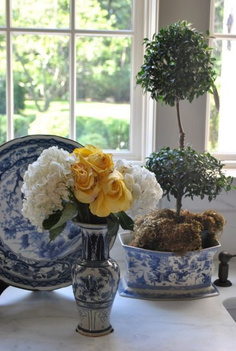 Blue and white porcelain, topiaries and flowers play starring roles in Tina's kitchen - The Enchanted Home. #blueandwhite #traditionalstyle