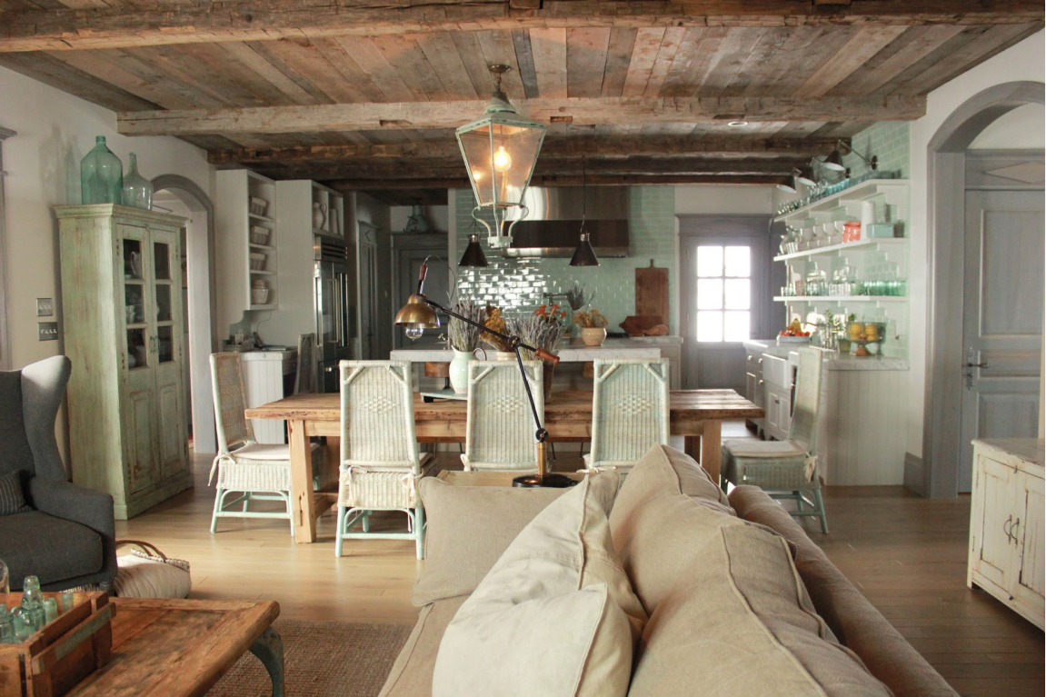 Rustic wood ceilings in Country French Old World style in a newly built custom cottage home in Utah - Score decorating ideas with blue & green from Decor de Provence. #countryfrench #interiordesign #oldworldstyle #europeancountry