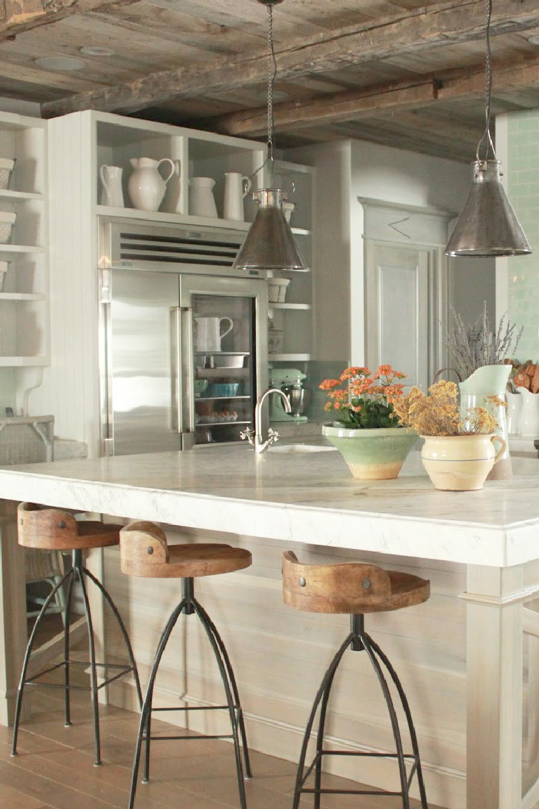 Luxurious and refined yet rustic kitchen in Country French Old World style in a newly built custom cottage home in Utah - Score decorating ideas with blue & green from Decor de Provence. #countryfrench #interiordesign #oldworldstyle #europeancountry