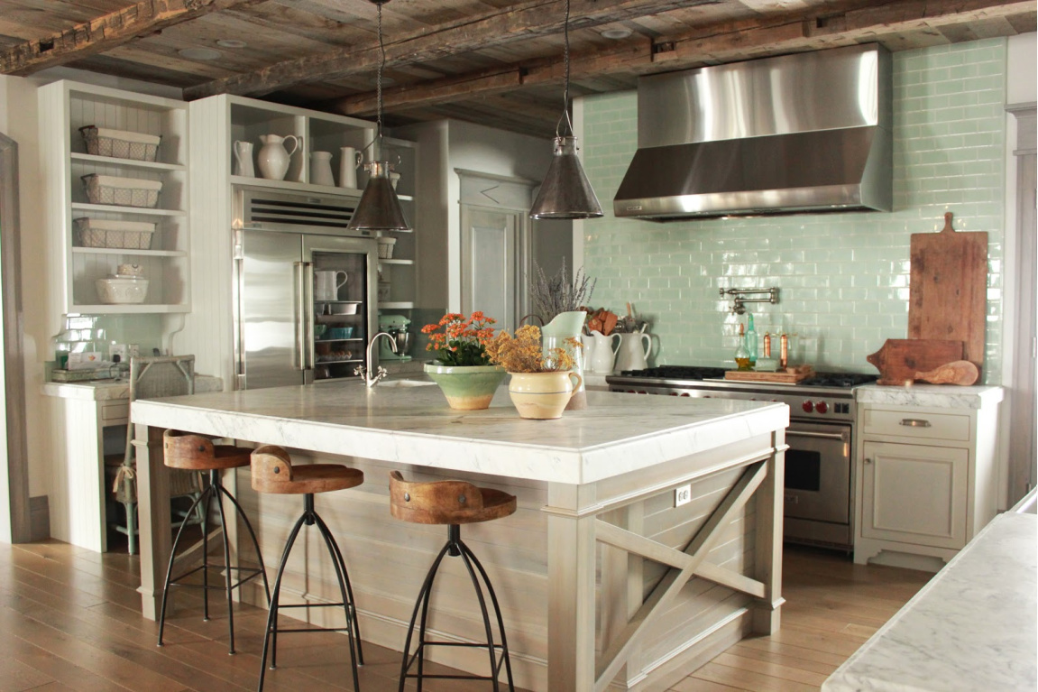 Green subway tile backsplash in kitchen of Country French Old World style in a newly built custom cottage home in Utah - Decor de Provence. #countryfrench #interiordesign #oldworldstyle #europeancountry