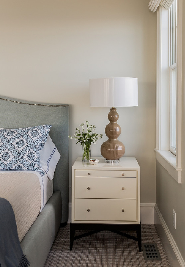 BM Edgecomb Gray paint color on walls of tranquil bedroom with design by Jennifer Palumbo. #benjaminmoore #edgecombgray #paintcolors #calmpaintcolors