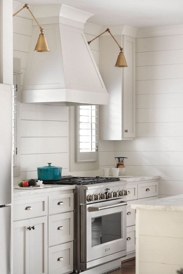 Edgecomb Gray paint color by Benjamin Moore on kitchen cabinets in a lovely modern farmhouse kitchen with shiplap by Willow Homes. #edgecombgray #benjaminmoore #paintcolors #lightgreypaintcolor