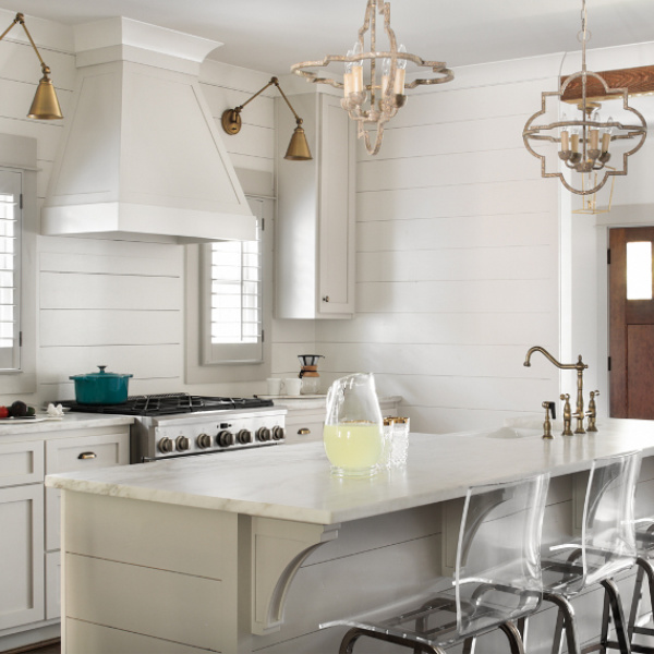 Edgecomb Gray paint color by Benjamin Moore on kitchen cabinets in a lovely modern farmhouse kitchen with shiplap by Willow Homes. #edgecombgray #benjaminmoore #paintcolors #lightgreypaintcolor