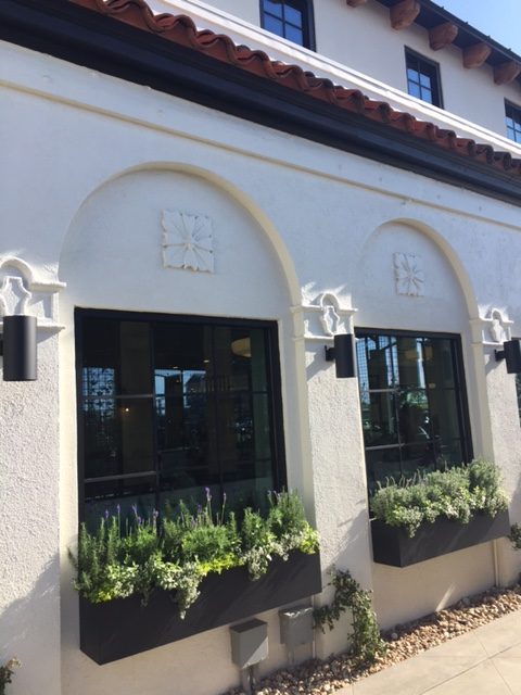 Magnolia Table restaurant exterior with black flower boxes with greenery. #magnoliatable