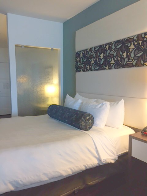 Hotel Indigo guest suite with rain shower glass on wall separating bed from entry. #hotelindigo #bedroom #suite #midcenturymodern #teal