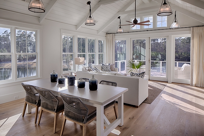 Board and batten coastal cottage in Palmetto Bluff with modern farmhouse interior design by Lisa Furey.