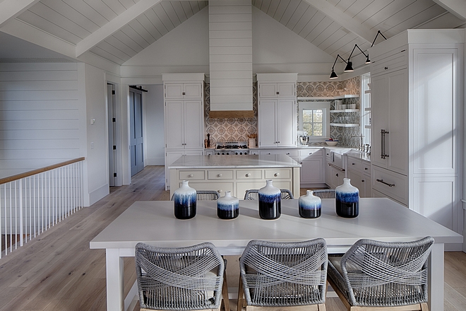 Kitchen. Board and batten coastal cottage in Palmetto Bluff with modern farmhouse interior design by Lisa Furey.