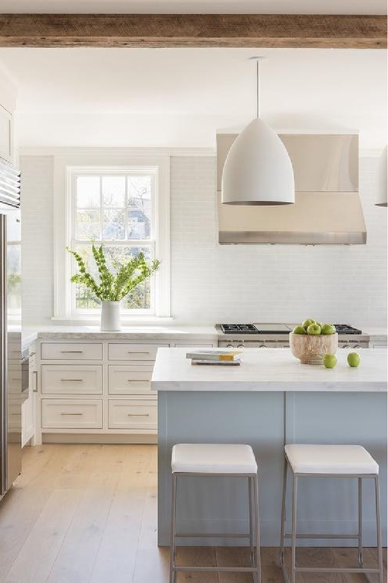 Cynthia Hayes - blue gray kitchen island in a lovely white kitchen.