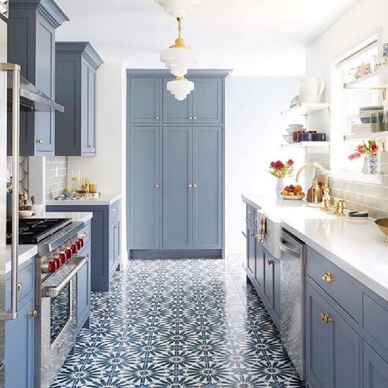 Modern Farmhouse blue and white kitchen with encaustic tile floor  - Ginny Macdonald. 