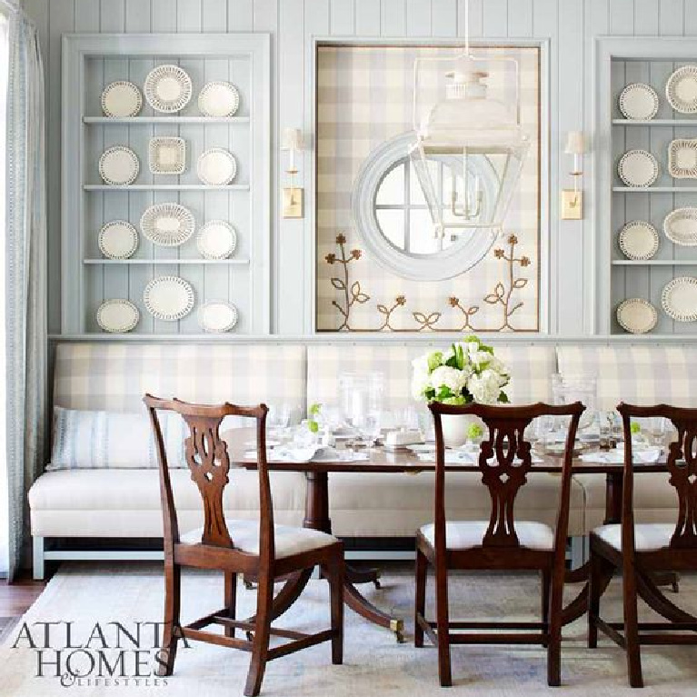 Farrow and Ball Light Blue painted paneling in a classic kitchen dining area. Southeastern Designer Showhouse room by Lauren Deloach. #farrowandballlightblue