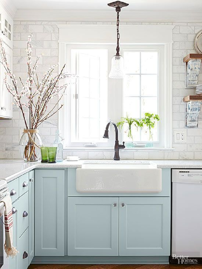 Baby blue kitchen cabinets! and farm sink in a cottage style kitchen. Come see 36 Best Beautiful Blue and White Kitchens to Love! #blueandwhite #bluekitchen #kitchendesign #kitchendecor #decorinspiration #beautifulkitchen
