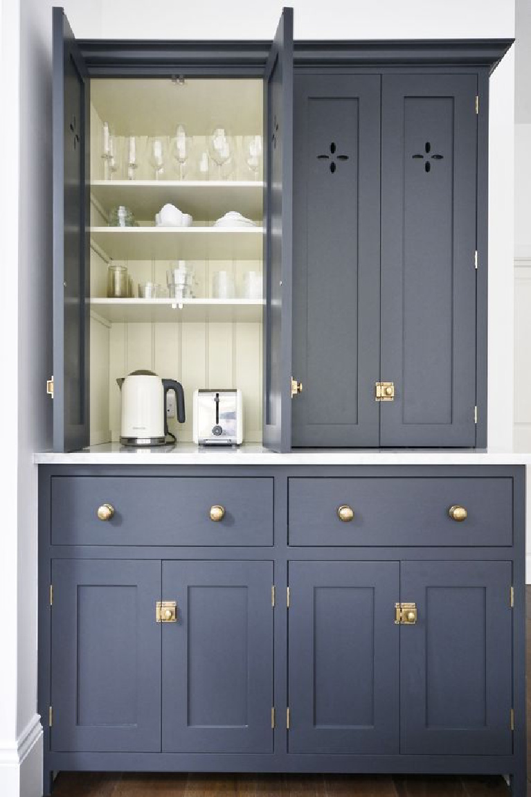 Deep blue grey custom kitchen cabinets by deVOL Kitchens. #devol #bluekitchen #navybluekitchen