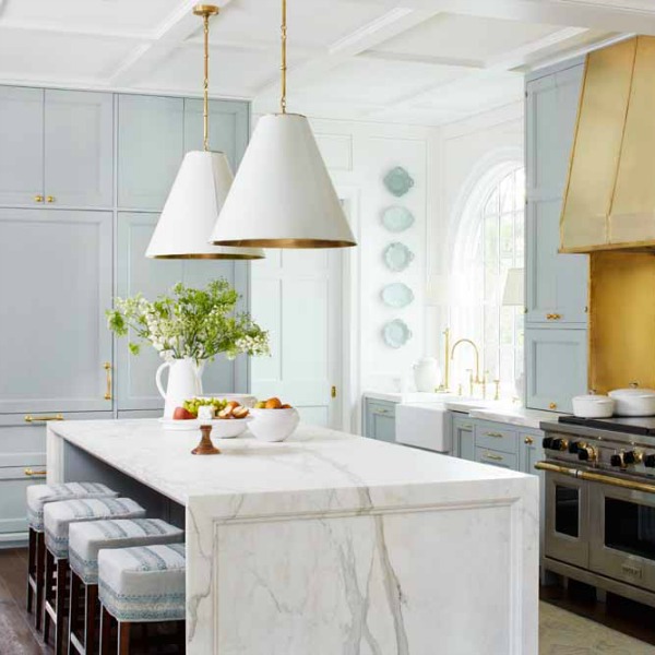 Farrow & Ball Light Blue painted cabinetry in a stunning traditional kitchen in the Southeastern Designer Showhouse 2017.