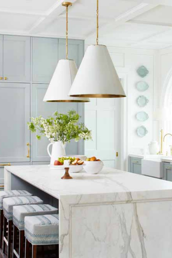 Farrow & Ball Light Blue painted cabinetry in a stunning traditional kitchen in the Southeastern Designer Showhouse 2017. Elegant Blue Kitchen Design: What Makes it Timeless?