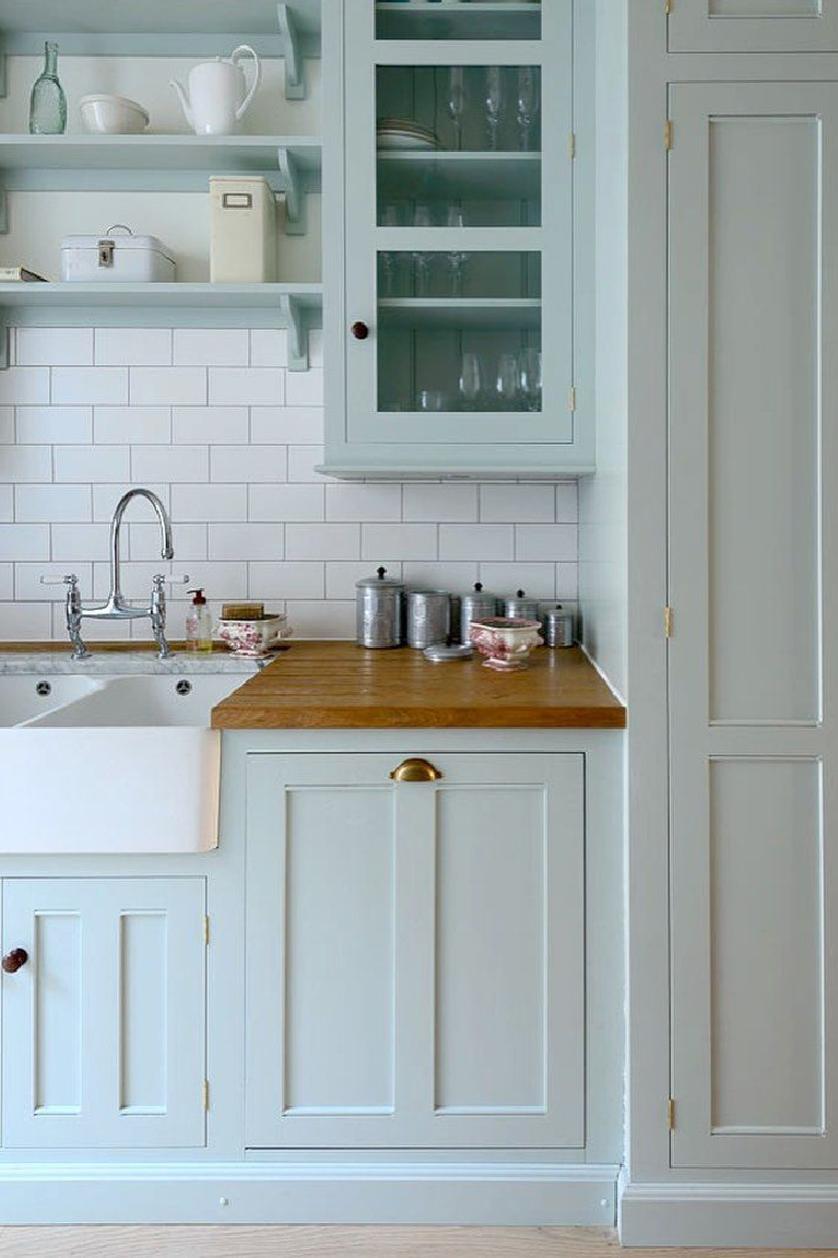 Serene and darling bespoke Shaker kitchen by deVOL with pastel blue cupboards. #bluekitchens #devol #shakerkitchens #kitchendesign