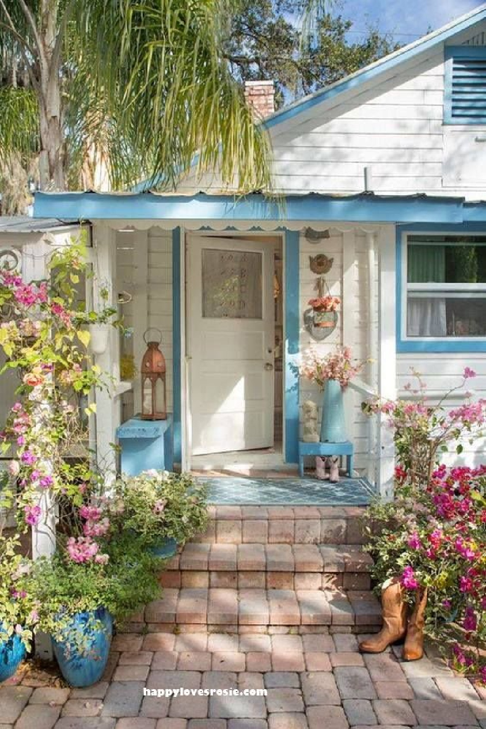 Charming turquoise trim on a humble coastal cottge - via HappyLovesRosie. #coastalcottages #turquoise #beachcottage