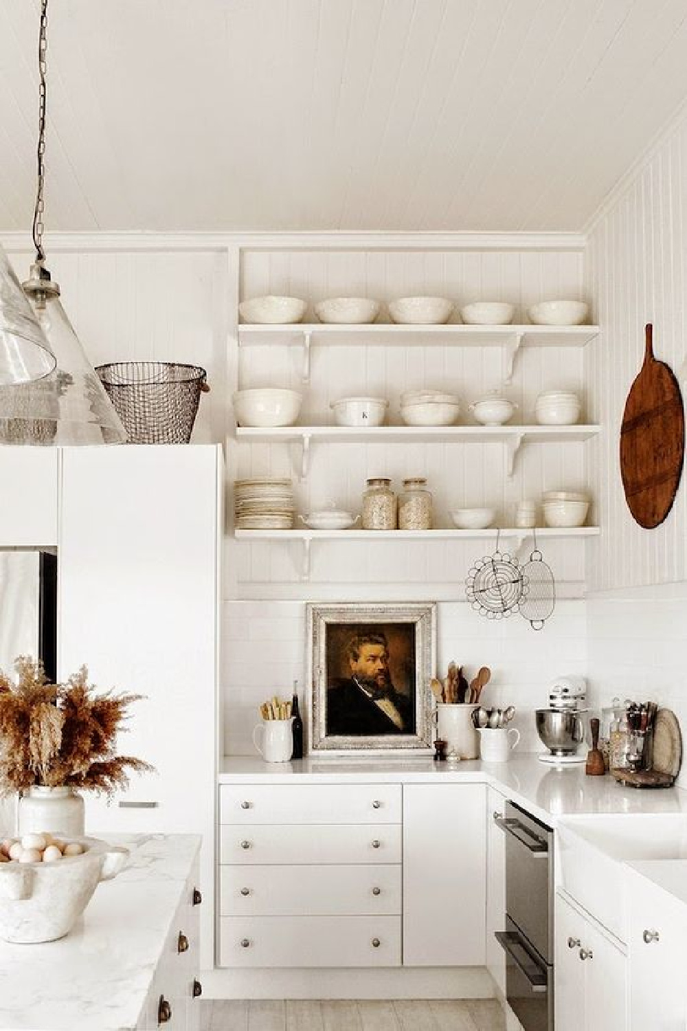 Kara Rosenlund rustic white country kitchen with open shelving and vintage treasures.