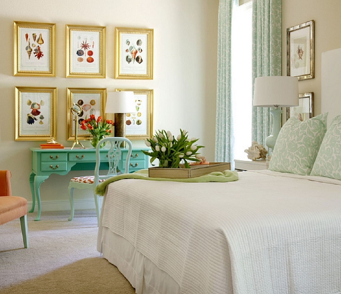 Turquoise accents in a lovely coastal bedroom via Decoist. #turquoise #coastalbedrooms