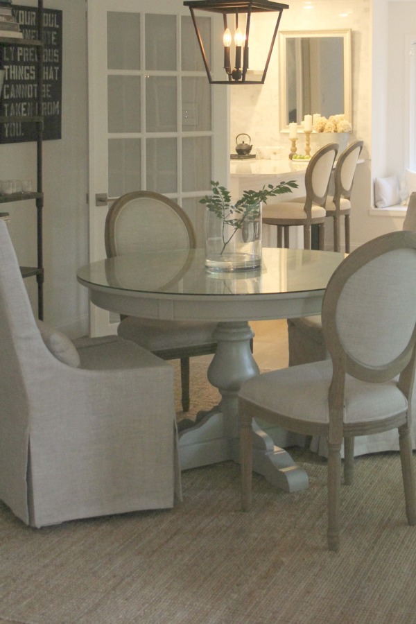 My dining room with French country Louis style dining chairs. Hello Lovely Studio