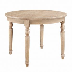 Round wood dining table with farmhouse style.