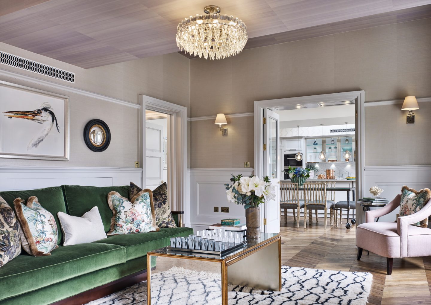 Sitting room in London apartment. Colorful Classic Decor in London Inspired by 'Out of Africa' - come see more from Studio L London! #britishcolornial #livingroom #pinkandgreen #elegantdecor #Londonapartment #interiordesigninspiration